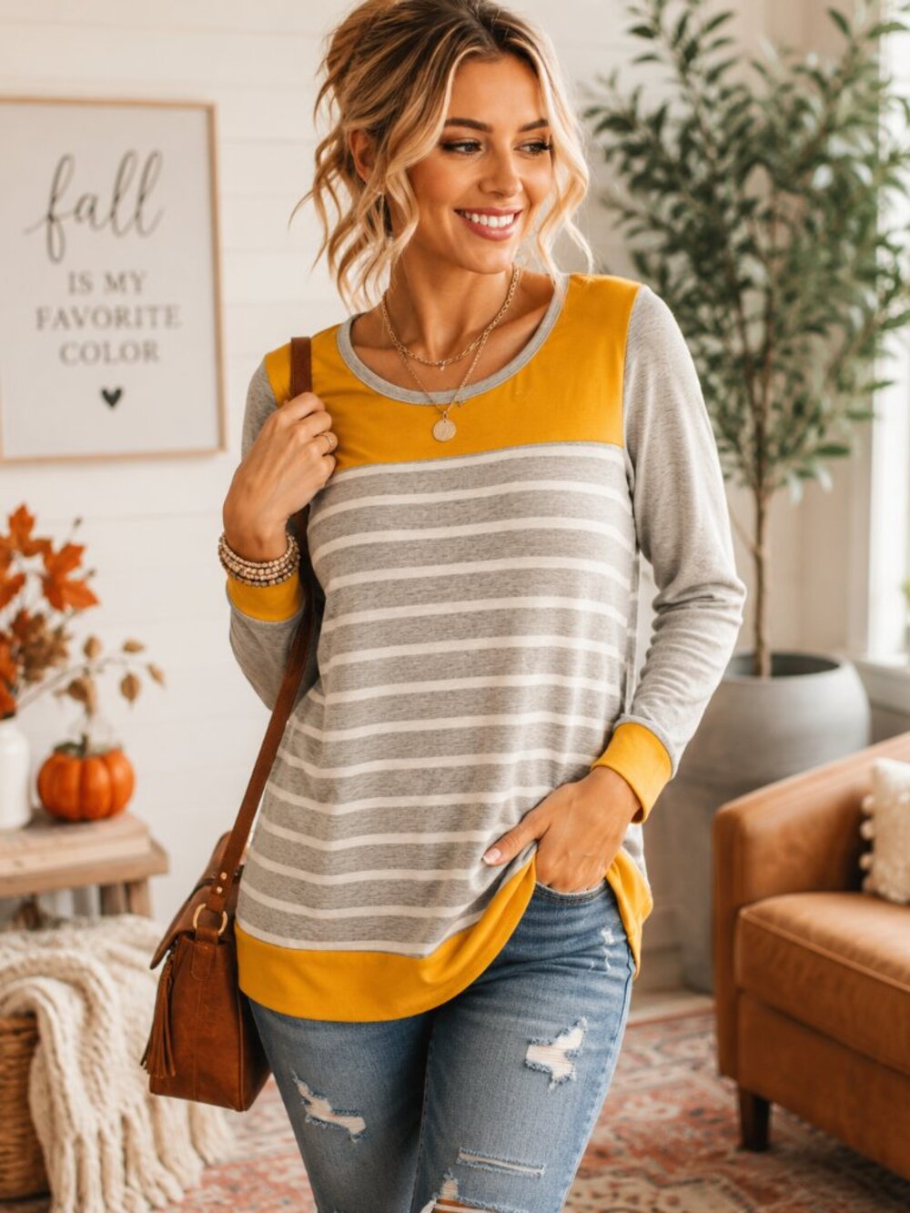 P.S. Kate Color Block Stripe Long Sleeve Top Gray Mustard NWOT